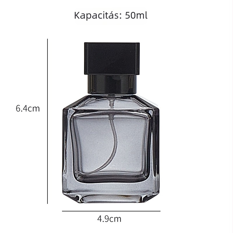 Színes, négyszögletes üvegparfümös flakon, 50 ml, nyomó kupakkal és finom permetező fejjel