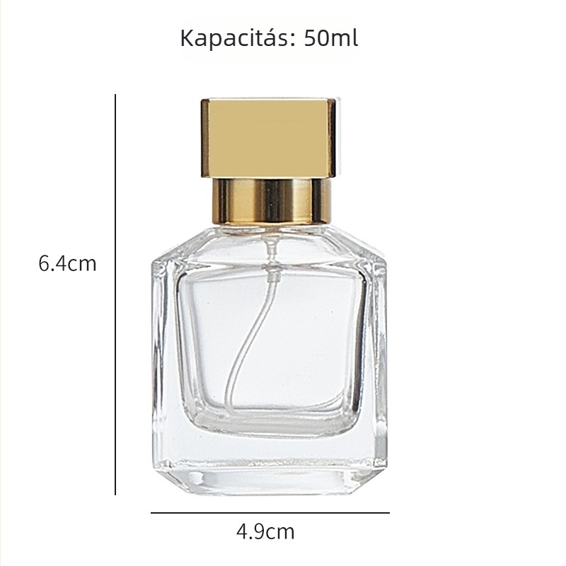 Színes, négyszögletes üvegparfümös flakon, 50 ml, nyomó kupakkal és finom permetező fejjel