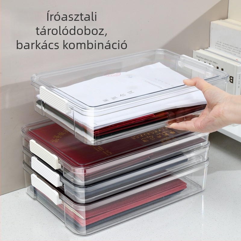 Átlátszó A4-es dokumentumtároló doboz fedéllel – fontos iratok, háztartási regisztrációs könyv és vizsgadolgozatok tárolására – rendezés, egymásra helyezhető