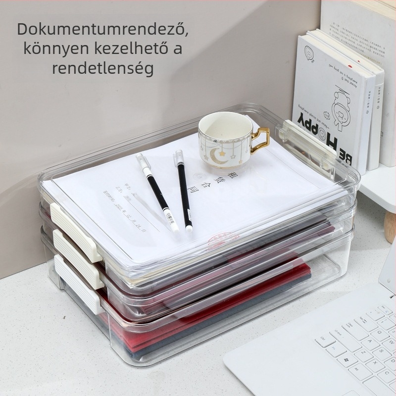 Átlátszó A4-es dokumentumtároló doboz fedéllel – fontos iratok, háztartási regisztrációs könyv és vizsgadolgozatok tárolására – rendezés, egymásra helyezhető