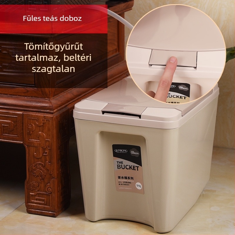 Műanyag tea-maradék vödör négyszögletes fedéllel, görgővel és szűrőréteggel, háztartási teás vödör
