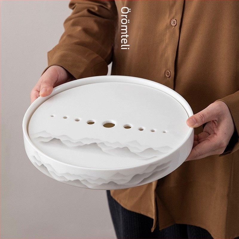 Fehér porcelán tea tálca Jade hatású, kör alakú, kis méretű, száraz áztatáshoz, víztárolóval, otthoni használatra