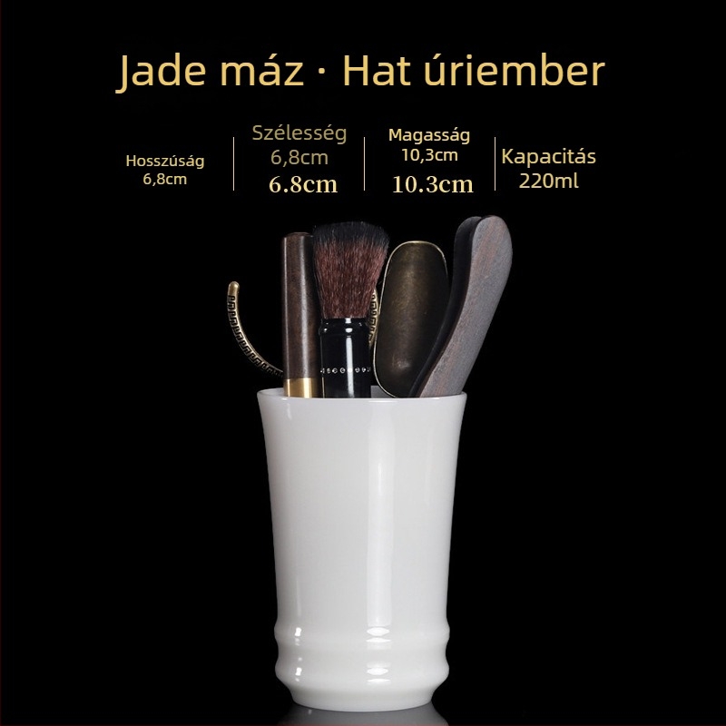 Hat részes teaceremónia készlet tömörfából, teás tartóedény, tolltartó és kerámiás Kung Fu tea kiegészítők