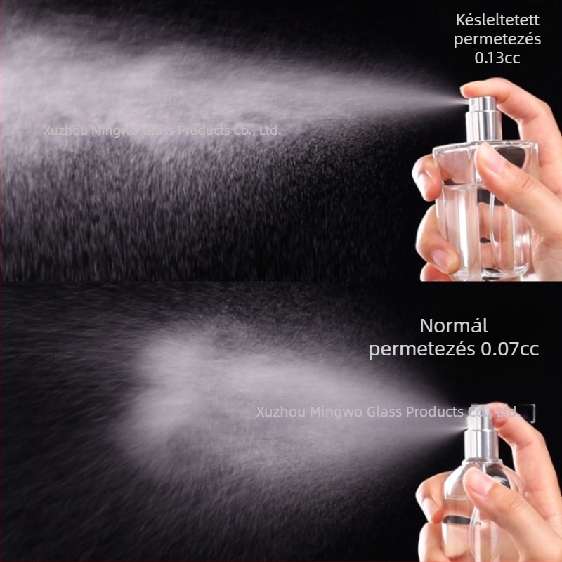 100 ml üvegből készült parfümös flakon, zinkötvözetes sapka, lapos négyszögletes formájú kozmetikai permetező