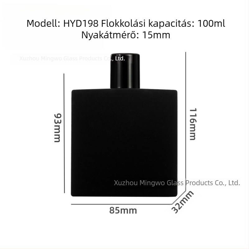 100 ml üvegből készült parfümös flakon, zinkötvözetes sapka, lapos négyszögletes formájú kozmetikai permetező