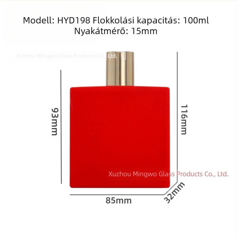 100 ml üvegből készült parfümös flakon, zinkötvözetes sapka, lapos négyszögletes formájú kozmetikai permetező