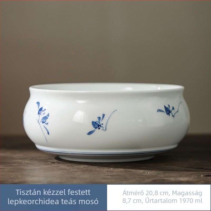 Kézzel festett kerámia teáskészlet aláglazúrral, Phalaenopsis orchidea motívummal, tea-maradék tartó és pohár mosó
