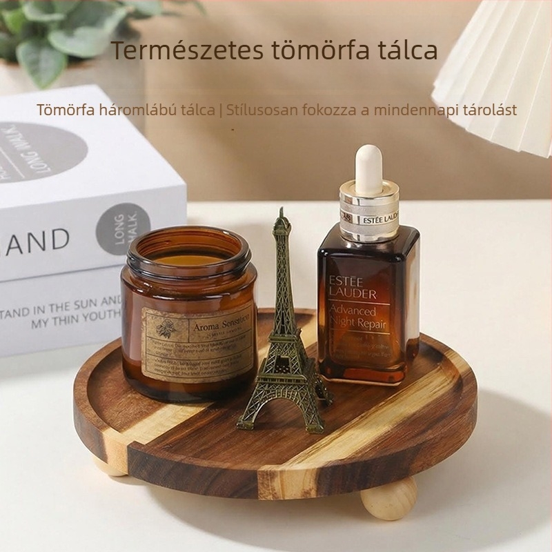 Kerek akácfa tálca, vízálló, tömörfa, teához és aszalt gyümölcsökhöz
