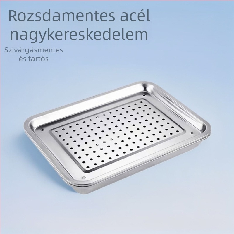 Perforált rozsdamentes acél teás tálca, háztartási és üzleti használatra, víz- és olajelvezetés, tepsi.