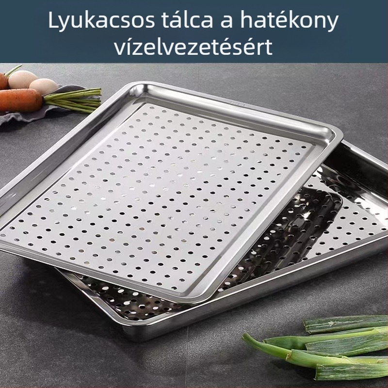 Perforált rozsdamentes acél teás tálca, háztartási és üzleti használatra, víz- és olajelvezetés, tepsi.