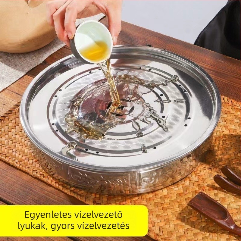 Vastagított rozsdamentes acél teás tálca, két rétegű, nagy víztartóval és kör alakú lefolyó tálcával
