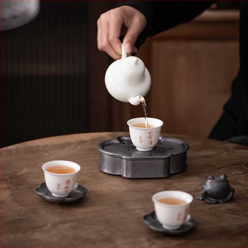 Retro japán stílusú Gongfu teáskészlet tartóval, teás tálcával és víztárolóval