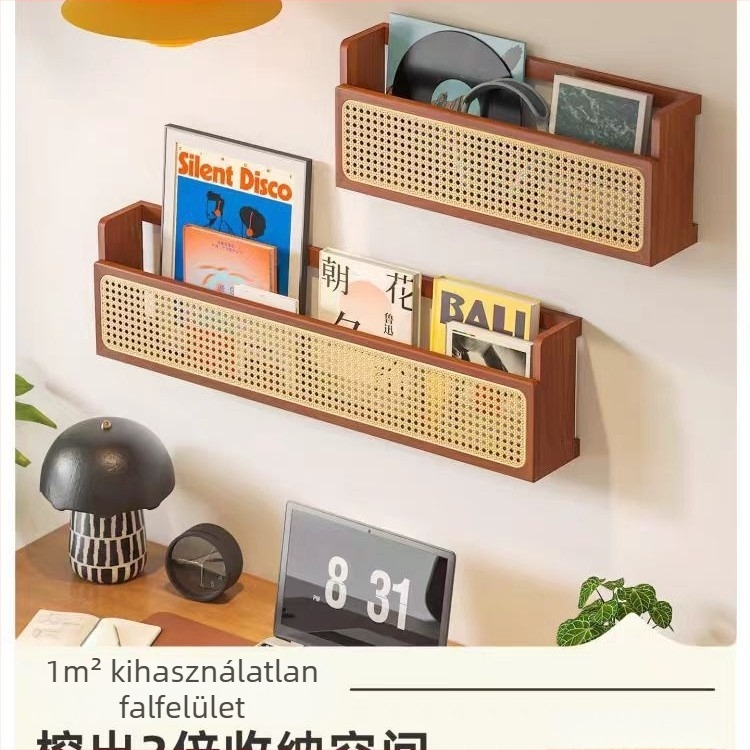 Rattan szövésű, falra szerelhető tömörfa könyvespolc könyvekhez és magazinokhoz, retro stílusban