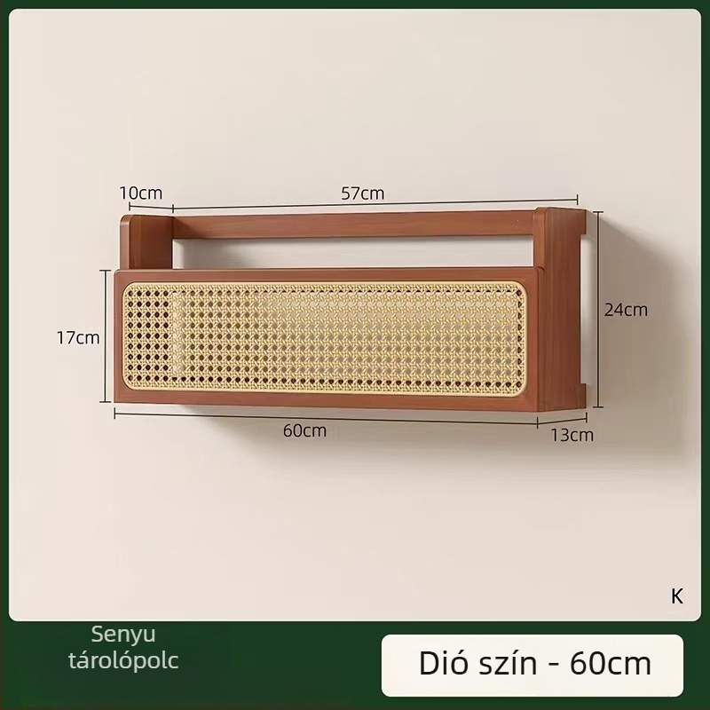 Rattan szövésű, falra szerelhető tömörfa könyvespolc könyvekhez és magazinokhoz, retro stílusban