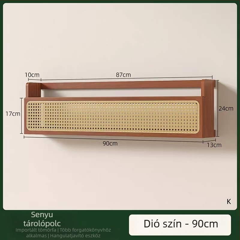 Rattan szövésű, falra szerelhető tömörfa könyvespolc könyvekhez és magazinokhoz, retro stílusban