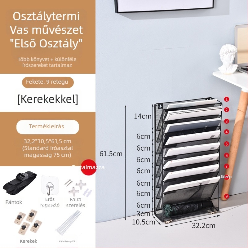 Kovácsolt vasból készült falra szerelhető rácsos polc, több rétegű újság- és magazintárolására, A4-es fájlpolc irodába.
