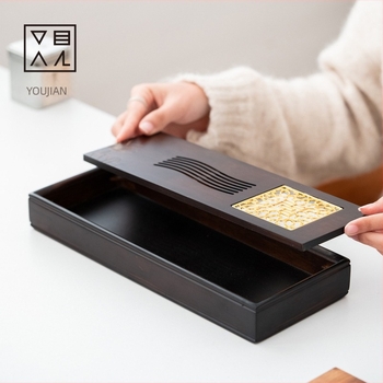 Bambuszból készült száraz tea tál víztárolóval, kínai minimalista stílus, beépített lótuszablak mintával