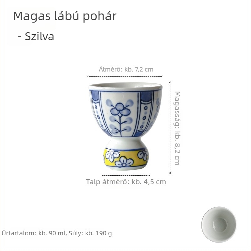 Retro kézzel festett kék-fehér goblet teás pohár, tök alakú porcelán, szerencse motívummal, japán stílus