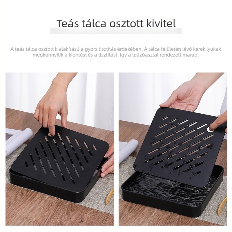 Beépített műanyag teás tálca készlet otthoni használatra, négyszögletes, kétszintes lefolyó tálca