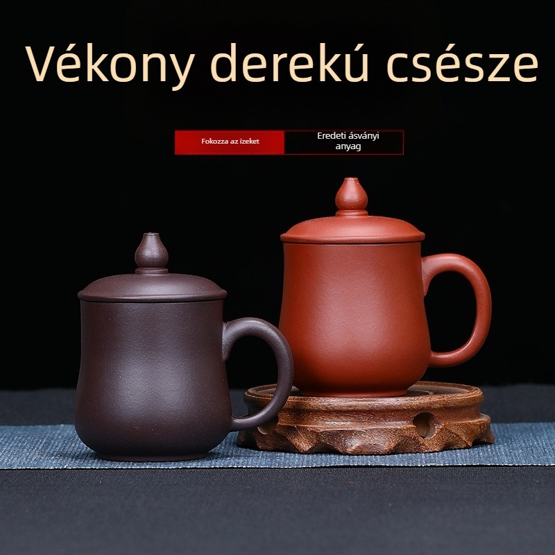 200 ml-es lila agyag teáscsésze fedővel, kézzel készített, irodai használatra