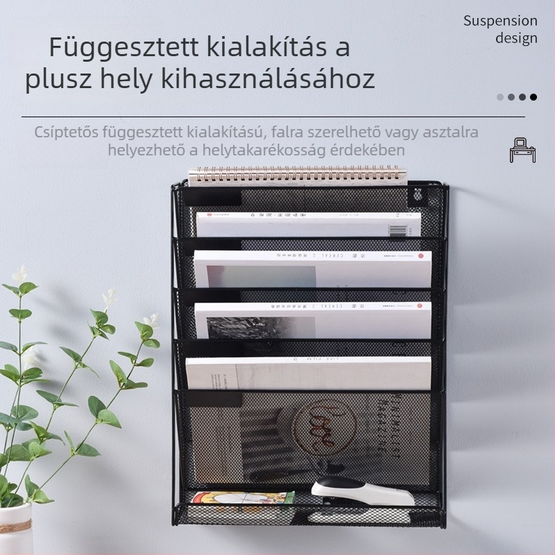 Öt szintes, falra szerelhető fém irattartó – újságok és dokumentumok tárolására, irodai rendező