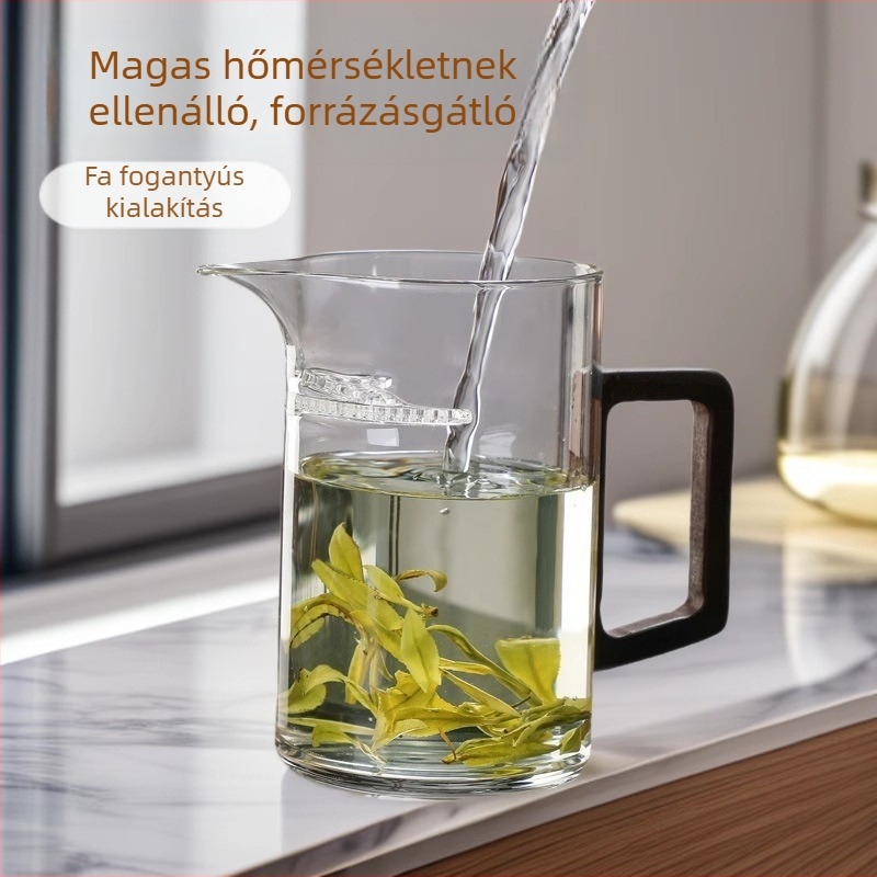 Vastagított üvegű félhold alakú pohár fa nyéllel, tea és víz szétválasztó pohár – irodai és személyes használatra