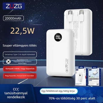 ZUZG3c hitelesített mini külső akkumulátor beépített kábellel, 22.5W gyorstöltés, 20 000 mAh
