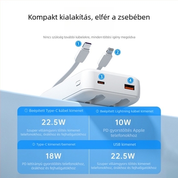 ZUZG3c hitelesített mini külső akkumulátor beépített kábellel, 22.5W gyorstöltés, 20 000 mAh