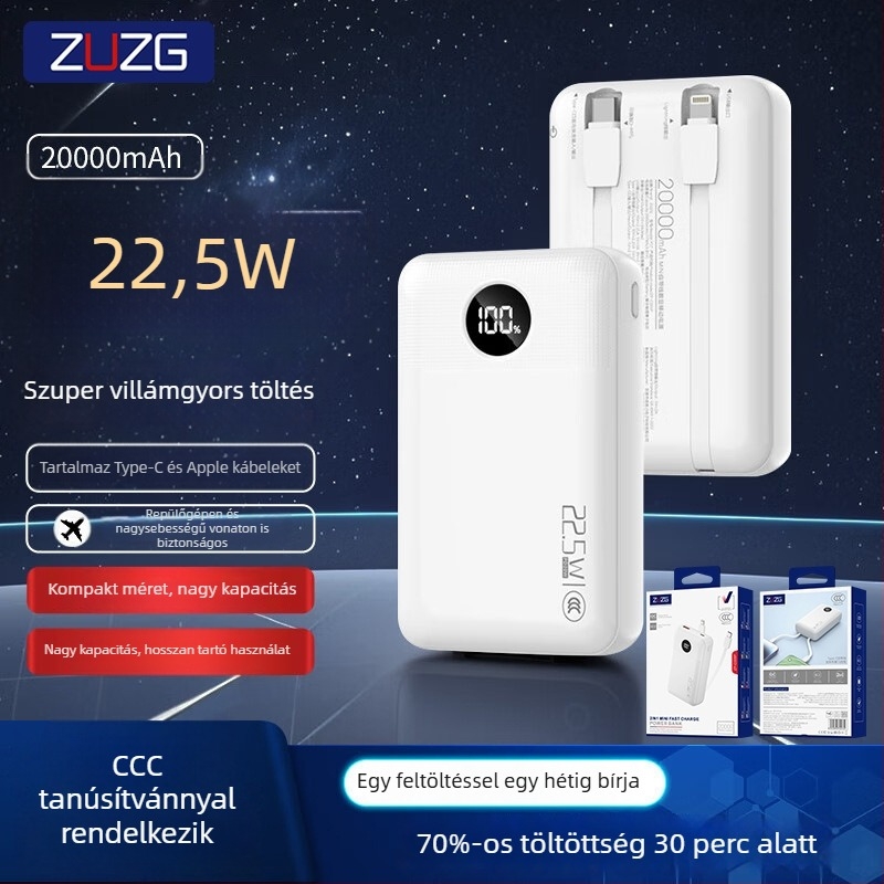 ZUZG3c hitelesített mini külső akkumulátor beépített kábellel, 22.5W gyorstöltés, 20 000 mAh