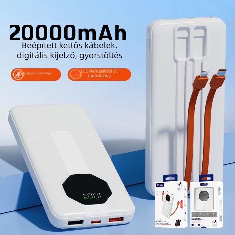 ZUZG3c hitelesített mini külső akkumulátor beépített kábellel, 22.5W gyorstöltés, 20 000 mAh