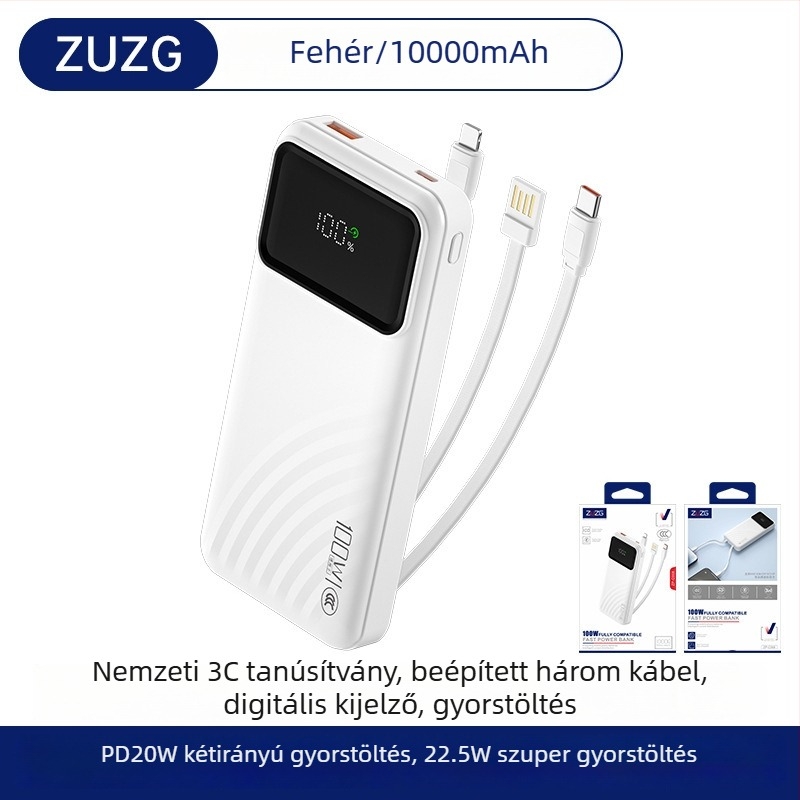 ZUZG3c hitelesített mini külső akkumulátor beépített kábellel, 22.5W gyorstöltés, 20 000 mAh