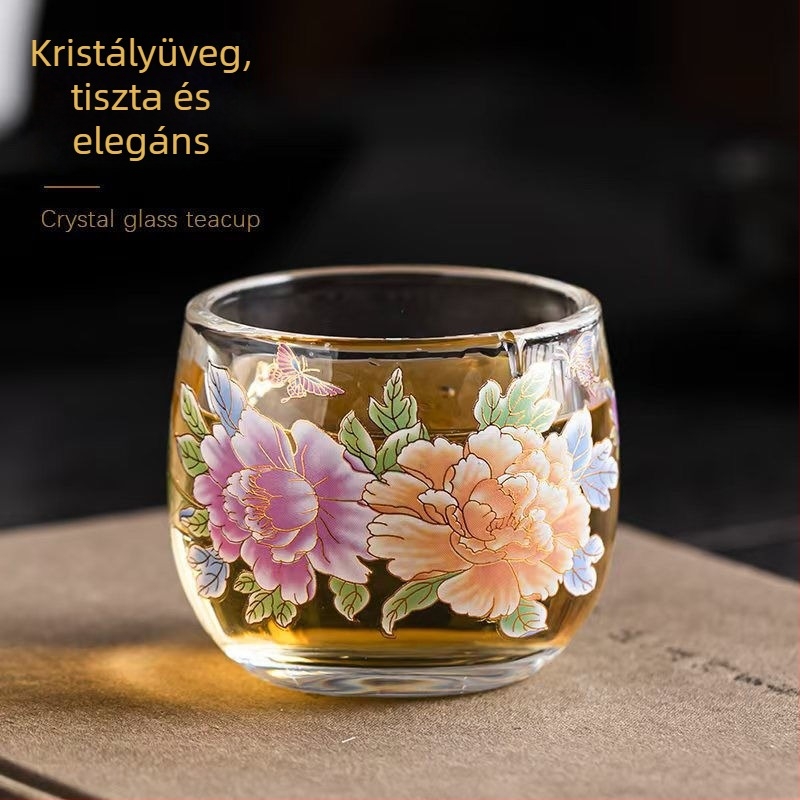 Hőérzékeny, színváltó kristály teáscsésze Peónia motívummal, vastagabb kivitel, otthoni használatra
