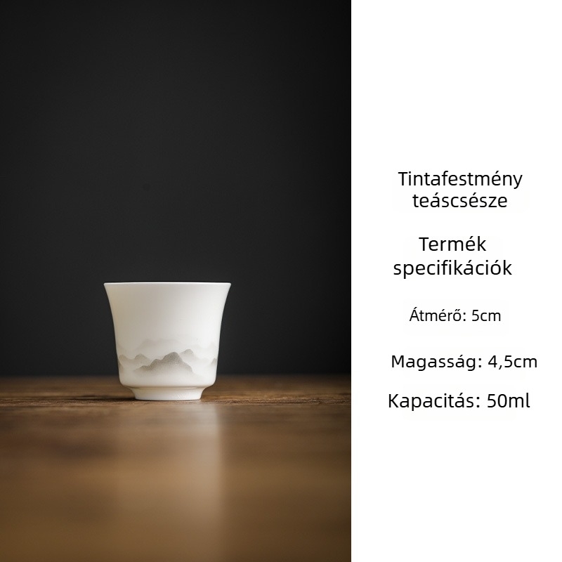 Fehér porcelán teáscsésze tusz-stílusú mintázattal, kis méret, irodába vagy otthonra, kínai stílusú prémium teáskiegészítő