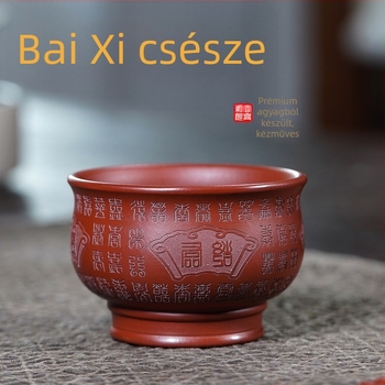 Yixing Zisha lila agyagból készült teáscsésze – kézzel faragott, motívum Száz Öröm, mesters csésze, Dahongpao tea
