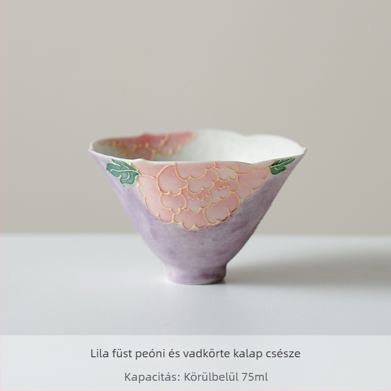 Kerámiás teáscsésze konikus formával, Purple Smoke Peony and Begonia dizájn, kung-fu stílus