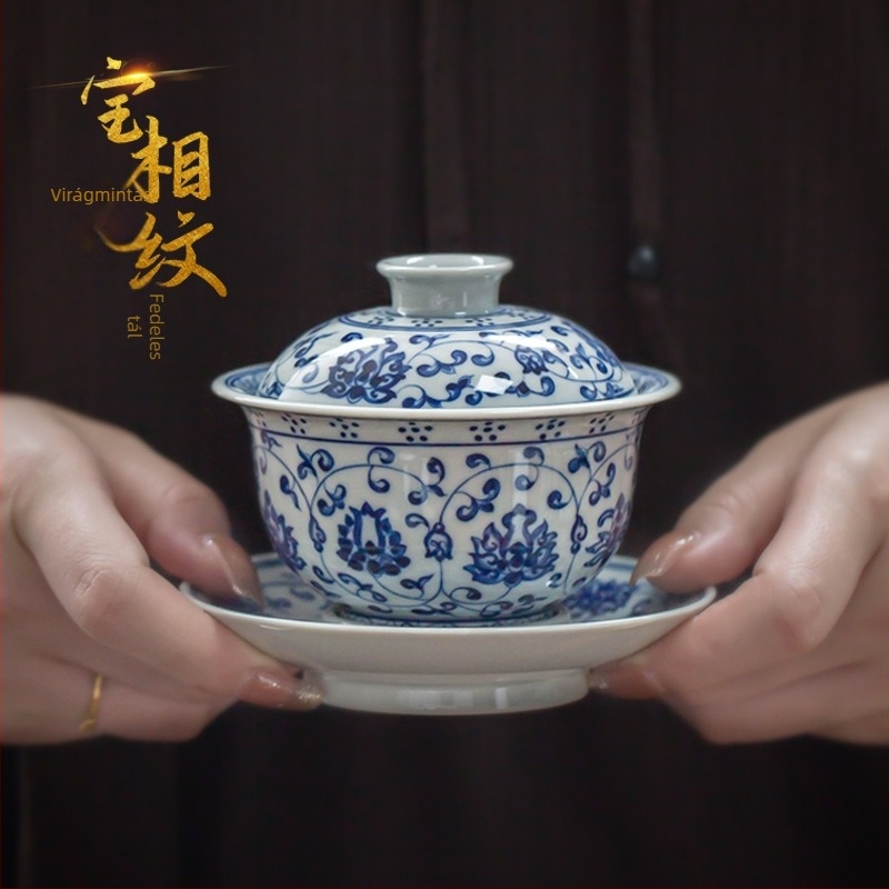 Ming Yongle ihletésű retro kék-fehér fedeles teás tál, kézzel festett porcelánból, fedővel, háromszínű mázzal.