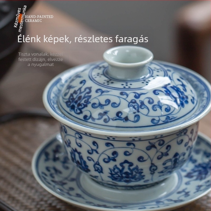Ming Yongle ihletésű retro kék-fehér fedeles teás tál, kézzel festett porcelánból, fedővel, háromszínű mázzal.