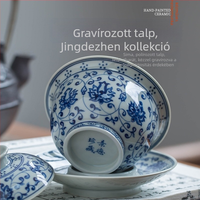 Ming Yongle ihletésű retro kék-fehér fedeles teás tál, kézzel festett porcelánból, fedővel, háromszínű mázzal.