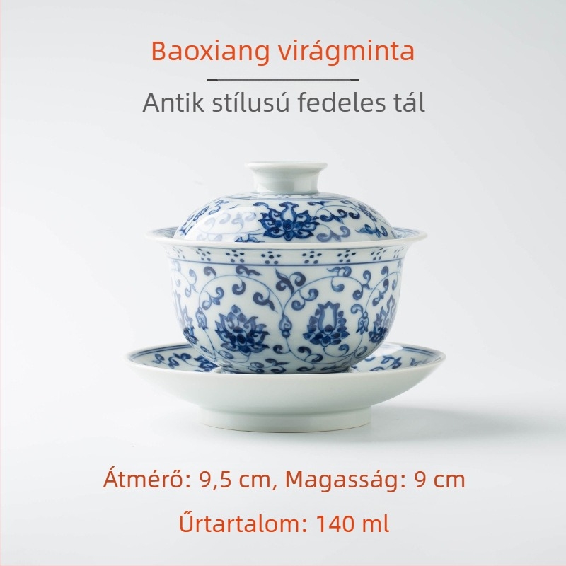 Ming Yongle ihletésű retro kék-fehér fedeles teás tál, kézzel festett porcelánból, fedővel, háromszínű mázzal.