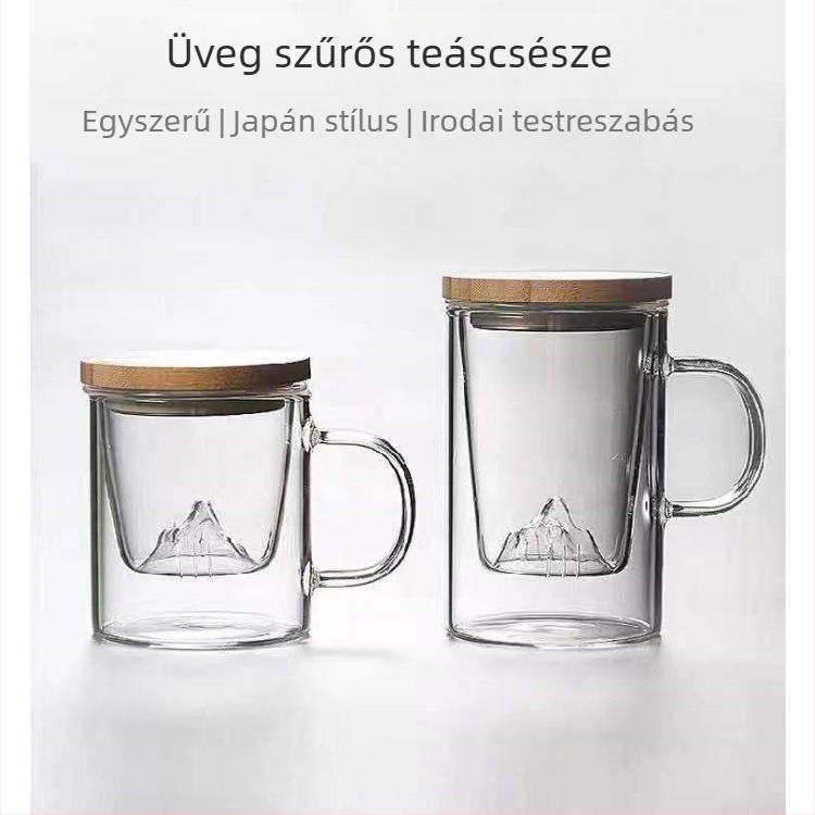 Áttetsző, hőálló üveg teáskészlet fedővel és szűrővel, egyenes cső dizájn, japán minimalistikus stílus irodának és otthonra