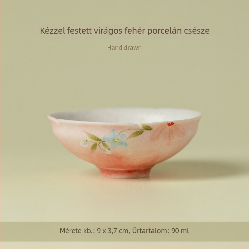 Kreatív kerámia teáscsésze ásványi fehér glazúrral, kézzel festett virágos mintával, konuszos sapka-formájú teáscsésze, otthoni használatra, egy darab.
