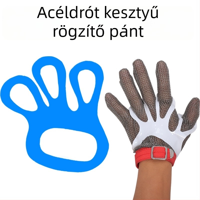 Vágásálló kesztyű rozsdamentes acélhuzalból hal- és vágóipari felhasználásra — rögzítőpánt