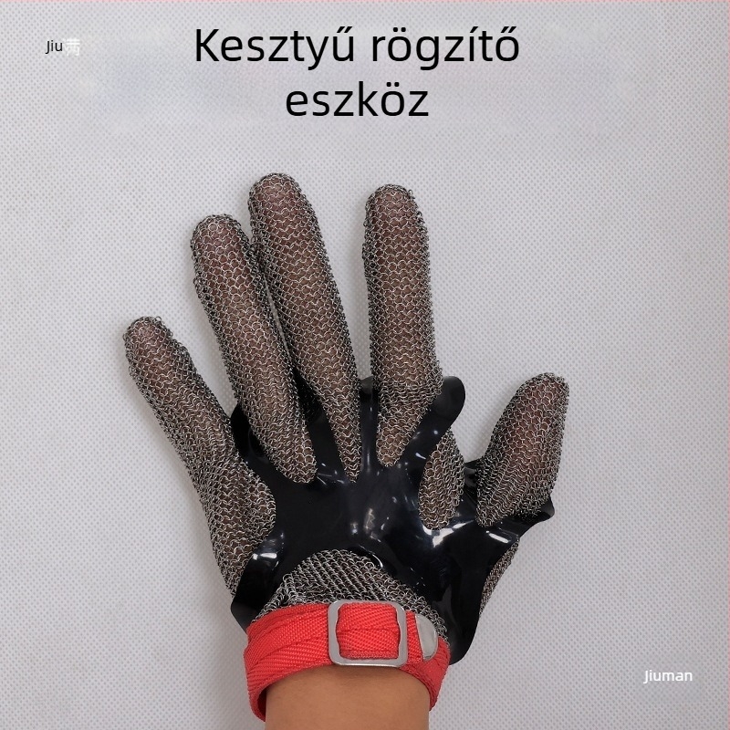 Vágásálló kesztyű rozsdamentes acélhuzalból hal- és vágóipari felhasználásra — rögzítőpánt