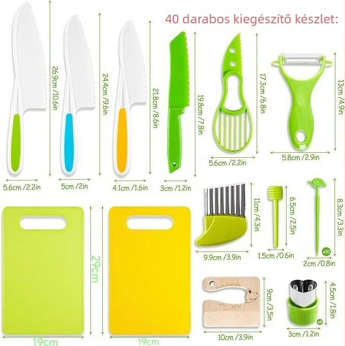 Konyhai eszközök készlet: vágódeszka, kés, kesztyű, gyümölcs-kés, domborító forma és tároló doboz