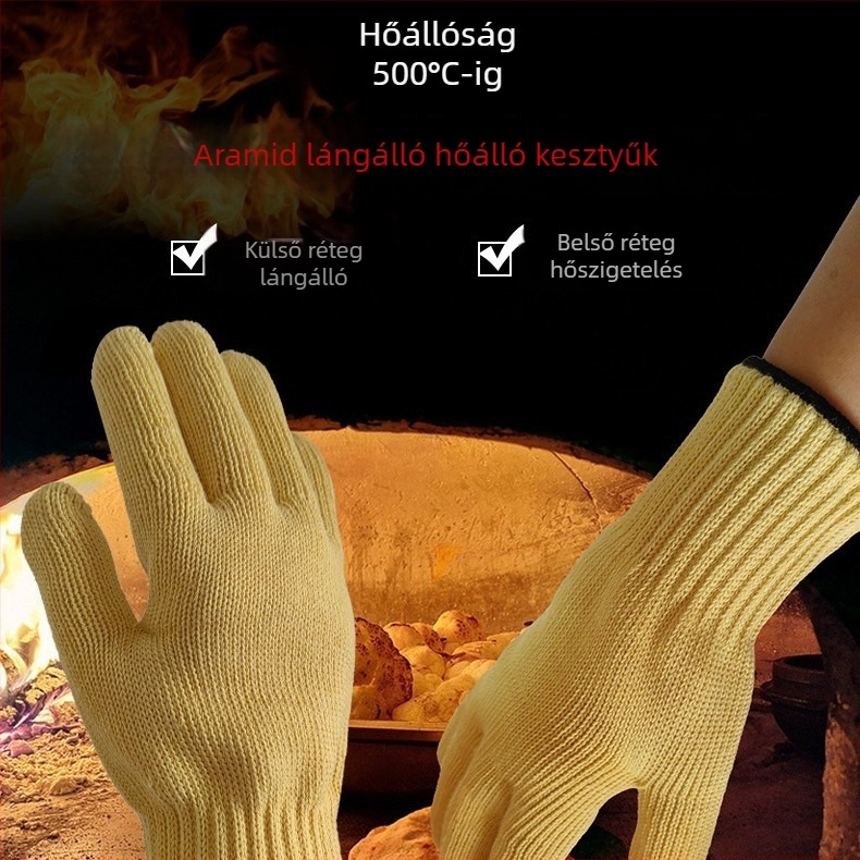 Aramid magas hőmérséklet-álló kesztyű hőszigeteléssel, égési és vágási védelemmel, sütőhöz és mikrohullámú sütőhöz alkalmas 500°C-ig.