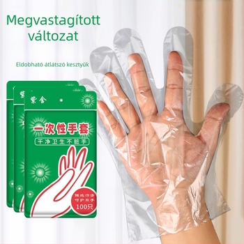 Élelmiszer-minőségű, vastagított egyszer használatos kesztyűk polietilénből, átlátszók, cateringhez, szépségápoláshoz és háztartásban, méret L, 0,1-0,2 mm, 100 darab