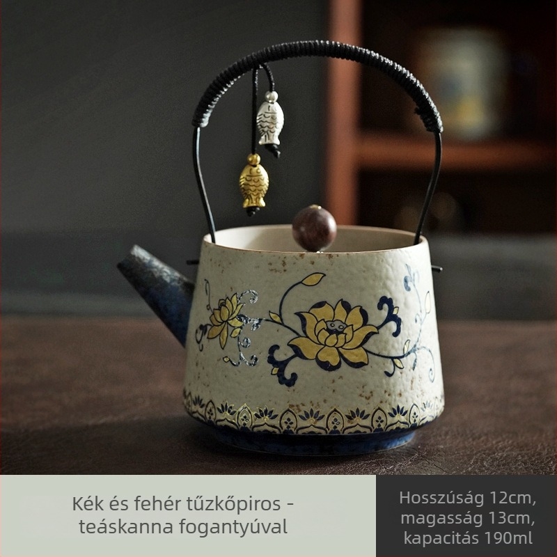 Kék-fehér porcelán teáskanna lótusz és összefonódó ágak motívummal, íves fogantyú, kerámia, retro stílus, teafilterrel