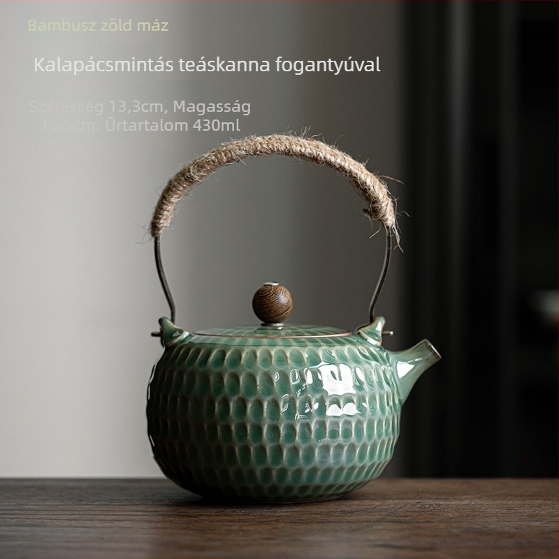 Gongfu teáskanna kerámia, bambusz-zöld mázzal és kalapált textúrával, retro stílus, otthoni használatra