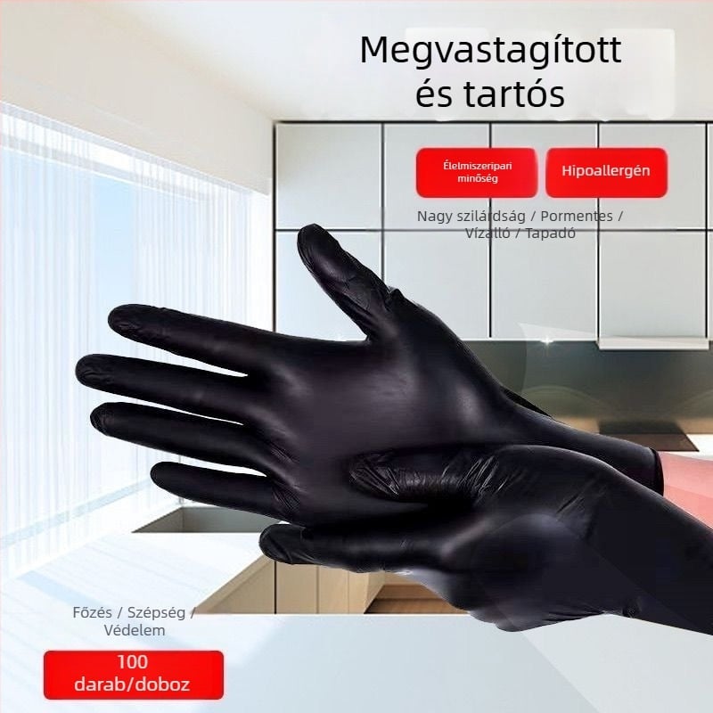 Fekete nitril egyszer használatos kesztyűk élelmiszerhasználatra, szakács-konyhai főzés, sütés, égési védelem, catering