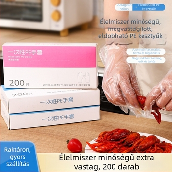 Egyszer használatos, vastagított kesztyűk, dobozban 200 darab, PE film, étkeztetéshez és kézápoláshoz
